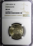 India-Portuguese Copper-nickel 1959 3 Escudos NGC MS64 BU  KM# 34(15)