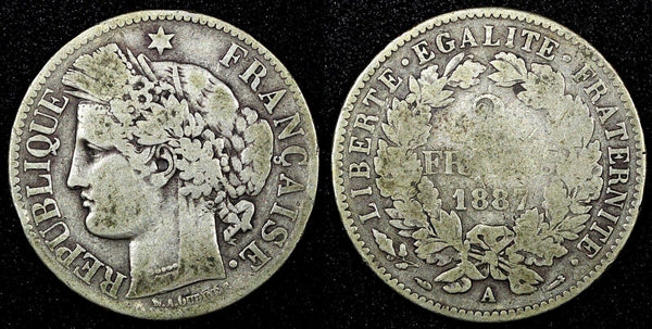 FRANCE Silver 1887 A 2 Francs Paris Mint 27mm KM# 817.1  (25 547)