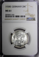 Germany-Third Reich Silver 1938 E 2 Reichs Mark NGC MS61 Hindenburg KM# 93 (020)