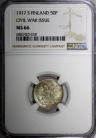 Finland Nicholas II Silver 1917 S 50 Penniä Civil War Issue NGC MS66 KM# 20 (18)