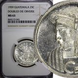 Guatemala Silver 1959 25 Centavos DOUBLED DIE OBVERSE NGC MS63 RARE KM# 258 (43)