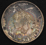 GUATEMALA Silver 1960 25 Centavos Mintage-560.400 Rainbow Toned UNC KM# 263 (00)