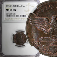 ITALY Vittorio Emanuele III Bronze 1938 XVI R 5 Centesimi NGC MS64 BN KM# 73 (5)