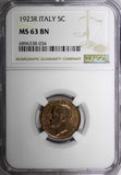 Italy Vittorio Emanuele III 1923 R 5 Centesimi NGC MS63 BN HIGH GRADE KM# 59 (4)