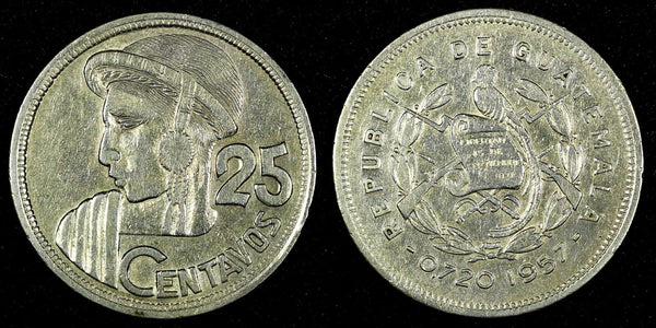 GUATEMALA Silver 1957 25 Centavos Mintage-256,729 ch.XF KM#258 (26 974)