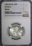 BRAZIL Silver 1889 500 Reis Liberty Head NGC MS64 1 Year Type KM# 494 (003)