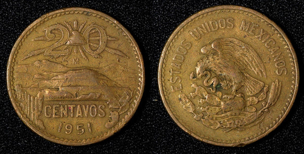 Mexico ESTADOS UNIDOS MEXICANOS Bronze 1951 Mo 20 Centavos SCARCE DATE KM#439(2)