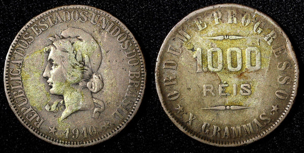 BRAZIL Silver 1910  1000 Reis Toned  KM# 507 (27 464)