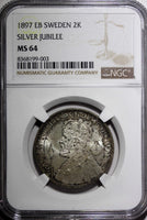 SWEDEN Silver Jubilee Oscar II 1897 EB 2 Kronor NGC MS64 Nice Toned KM# 762 (03)