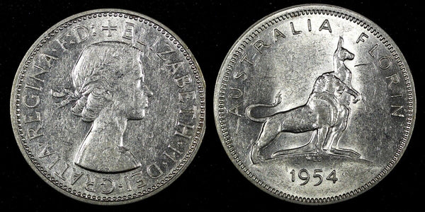 Australia Silver 1954 Florin Royal Visit of Elizabeth II High Grade KM# 55 (923)