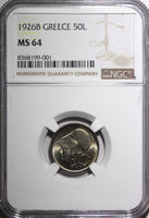 Greece Copper-Nickel 1926 B 50 Lepta Athena  Vienna Mint NGC MS64 KM# 68 (001)