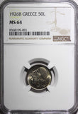 Greece Copper-Nickel 1926 B 50 Lepta Athena  Vienna Mint NGC MS64 KM# 68 (001)
