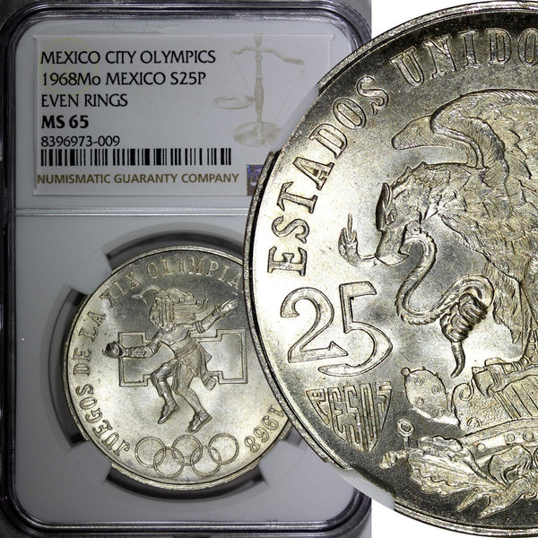 MEXICO Silver 1968 Mo  25 Pesos NGC MS65 Olympic Games Even Rings KM# 479.1 (9)