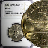 BRAZIL Oswaldo Cruz Copper-Nickel 1937 400 Reis NGC MS64 KM# 539 (011)