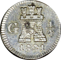 GUATEMALA Ferdinand VII Silver 1821 G 1/4 Real Castle / Lion UNC KM# 72 (25 178)