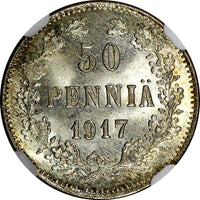 Finland Nicholas II Silver 1917 S 50 Penniä Civil War Issue NGC MS66 KM# 20 (18)