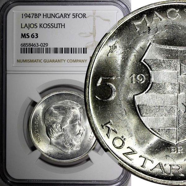 HUNGARY Lajos Kossuth Silver 1947 BP 5 Forint 1 Year NGC MS63 KM# 534a (29)