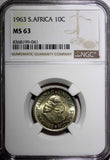 South Africa Silver 1963 10 Cents Jan van Riebeeck NGC MS63 GEM BU KM# 60 (041)