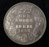 India-British Victoria Silver 1893 B incuse Rupee XF .Nice Toned KM# 492 (558)