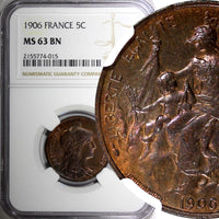 France Bronze 1906 5 Centimes NGC MS63 BN KM# 842 (015)