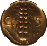 Italy Vittorio Emanuele III Bronze 1921 R 5 Centesimi NGC MS64 RB KM# 59 (009)
