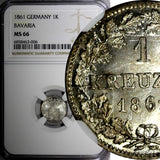 German States BAVARIA Silver 1861 1 Kreuzer NGC MS66 BU Nice Toned KM# 858 (06)
