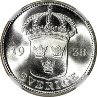 SWEDEN Gustaf V Silver 1938 G 50 Ore NGC MS66 GEM BU KM# 788 (011)