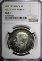SWEDEN Silver 1952 ST 5 Kronor NGC MS63 70th Birthday Gustaf VI KM# 828 (09)