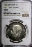 SWEDEN Silver 1952 ST 5 Kronor NGC MS63 70th Birthday Gustaf VI KM# 828 (09)