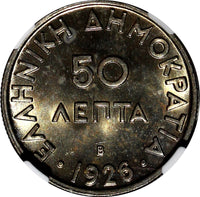 Greece Copper-Nickel 1926 B 50 Lepta Athena  Vienna Mint NGC MS64 KM# 68 (001)