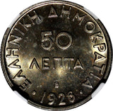 Greece Copper-Nickel 1926 B 50 Lepta Athena  Vienna Mint NGC MS64 KM# 68 (001)
