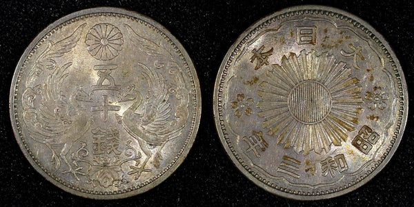 JAPAN Shōwa Silver Year 3 (1928)  50 Sen Nice Toned Y# 50 ( 27 202)
