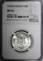 Mexico ESTADOS UNIDOS Silver 1945 M 50 Centavos NGC MS66 GEM GEM BU KM# 447 (46)