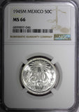 Mexico ESTADOS UNIDOS Silver 1945 M 50 Centavos NGC MS66 GEM GEM BU KM# 447 (46)