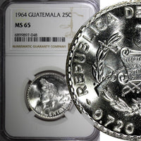 GUATEMALA Silver 1964 25 Centavos NGC MS65 GEM BU LAST YEAR KM# 263 (048)