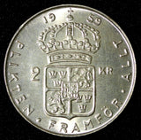 SWEDEN Gustaf VI Adolf Silver 1959 TS 2 Kronor Better Date UNC KM# 827 (28 707)