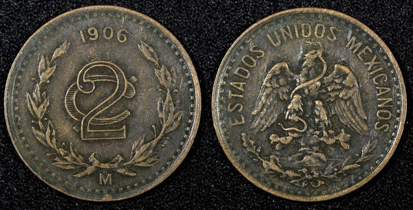 MEXICO ESTADOS UNIDOS MEXICANOS Bronze 1906 2 Centavos XF Toned KM# 419 (27 171)