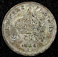 FRANCE Napoleon III Silver 1866 A  20 Centimes KM# 805.1  (067)