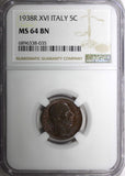 ITALY Vittorio Emanuele III Bronze 1938 XVI R 5 Centesimi NGC MS64 BN KM# 73 (5)