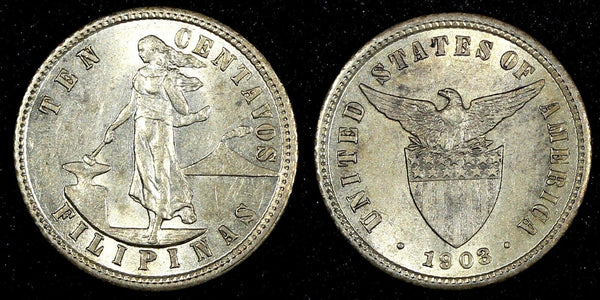 Philippines Silver 1903 10 Centavos 1st Year Type aUNC Toned  KM# 165 (27 039)