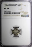 RUSSIA Peter I the Great Silver 1704 BК Altyn NGC AU53 Toned RARE KM#119 (033)