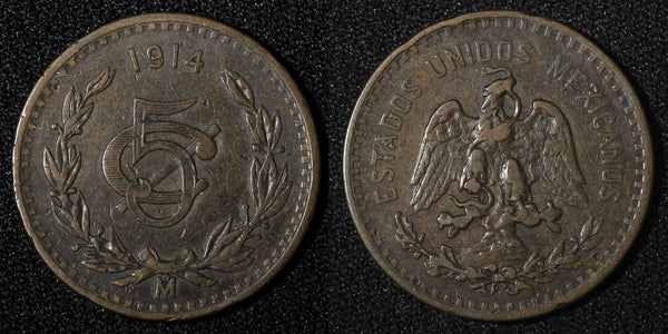 MEXICO Bronze Bronze 1914 Mo 5 Centavos 1st Year Type SCARCE DATE KM# 422 (417)