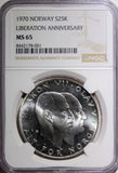 Norway Olav V Silver 1970 25 Kroner NGC MS65 Anniversary of Liberation KM#414(1)