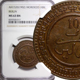 MOROCCO Abd al-Aziz 1320 (1902) Be 10 Mazunas Berlin NGC MS63 BN Y# 17.1 (17)