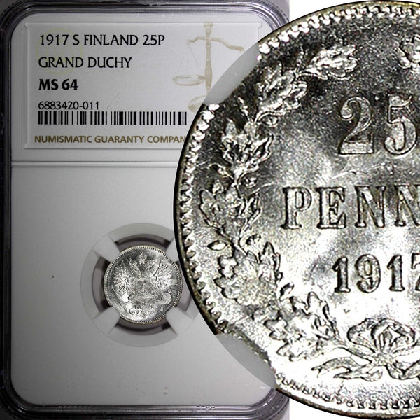 Finland Nicholas II 1917 S 25 Pennia NGC MS64 Grand Duchy KM# 6.2 (11)