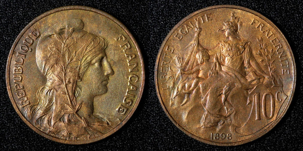 FRANCE  1898 10 Centimes 1st Year Type UNC  Nice Toned KM# 843 (28 014)