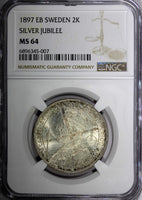 SWEDEN Silver Jubilee Oscar II 1897 EB 2 Kronor NGC MS64 Nice Toned KM# 762 (07)