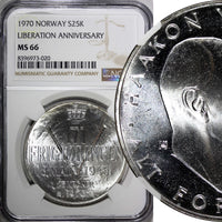 Norway Olav V Silver 1970 25 Kroner NGC MS66 Anniversary of Liberation KM#414(0)