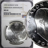 Norway Olav V Silver 1970 25 Kroner NGC MS66 Anniversary of Liberation KM#414(0)