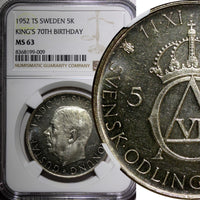 SWEDEN Silver 1952 ST 5 Kronor NGC MS63 70th Birthday Gustaf VI KM# 828 (09)